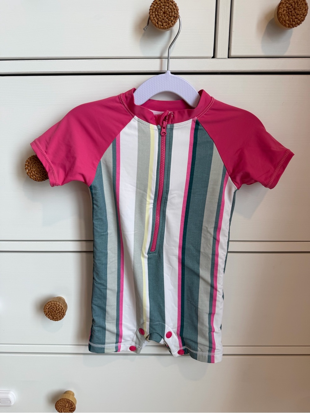 Surface 24M Kids Pink Stripe Short Sleeve Rash Guard One-Piece Swimsuit